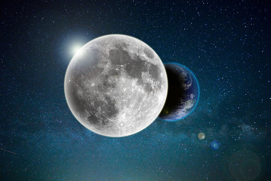 Full Moon and Blue Earth in Starry Space