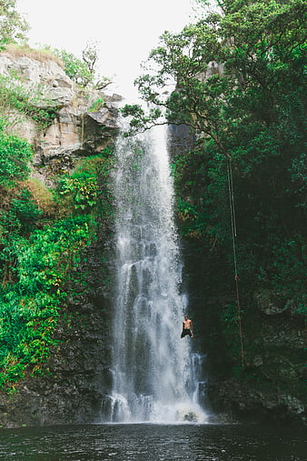 Man rappelling down lush tropical waterfall in nature