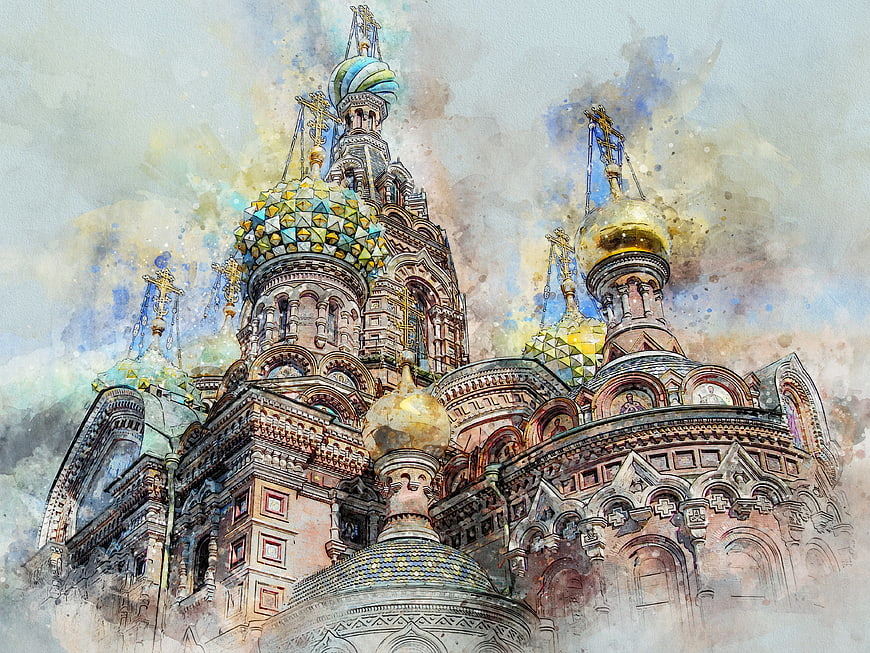 Watercolor Art of Saint Savior on Spilled Blood Cathedral, Saint Petersburg