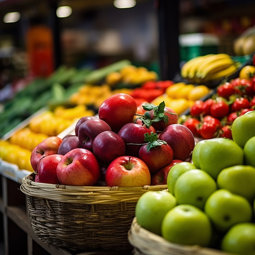 Fresh Red and Green Apples in Wicker Baskets at Market