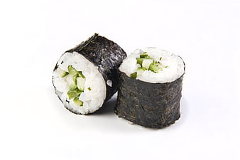 Two Cucumber Sushi Rolls On White Background