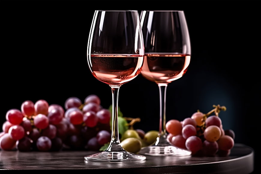 Two Glasses of Rosé Wine with Grapes on Dark Background