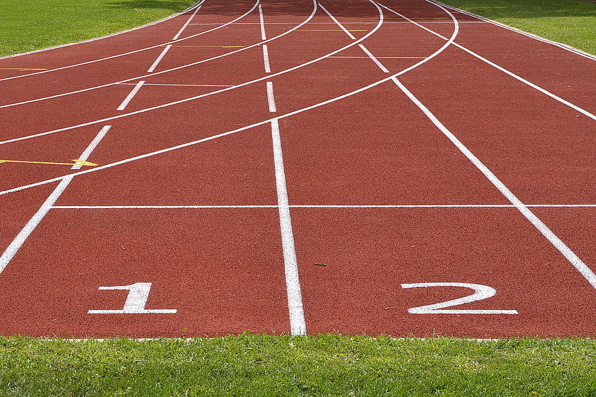 Red Running Track Start Line with Lane Numbers