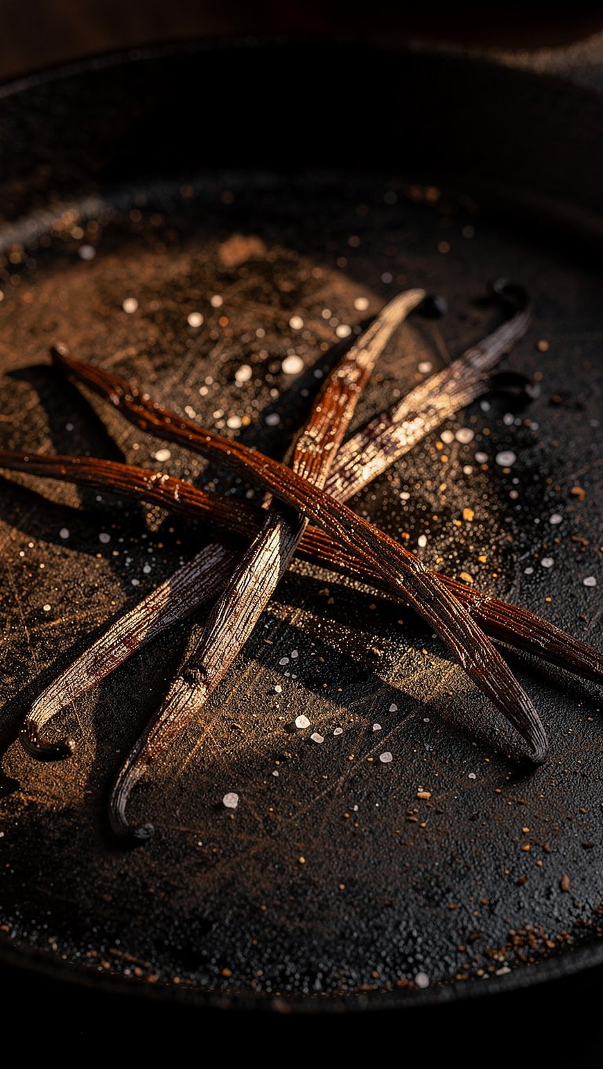 Dried Vanilla Beans on Rustic Black Plate with Salt