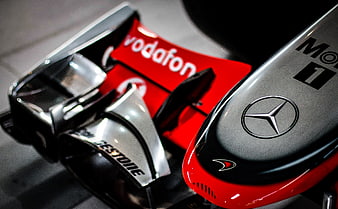 Close-up of Mercedes F1 car nose with Vodafone and Mobil 1 branding