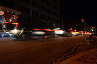 Nighttime city traffic with long exposure light trails