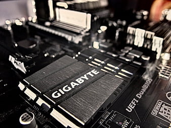 Close-up of Gigabyte motherboard heatsink and components