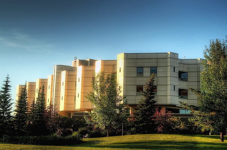 Modern Hospital Building in Edmonton, Canada with Autumn Trees