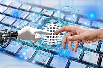 Human and Robot Hands Touching Binary Data Sphere Over Keyboard