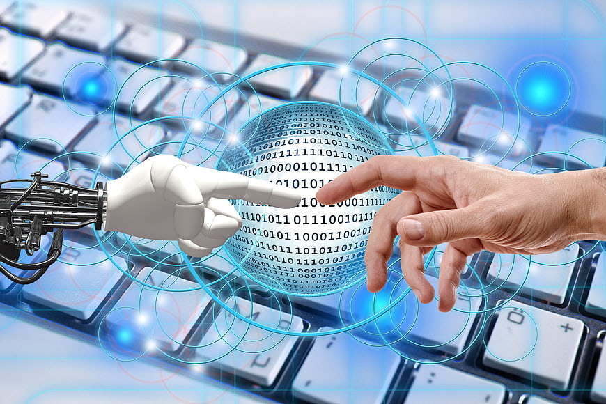 Human and Robot Hands Touching Binary Data Sphere Over Keyboard