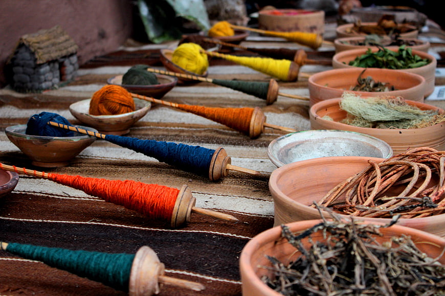 Traditional Spinning Spindles with Natural Dyes and Yarn