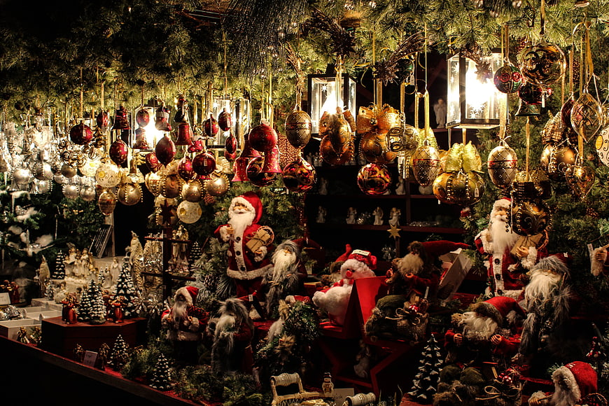 Festive Christmas Market Stall with Ornaments and Santa Figurines