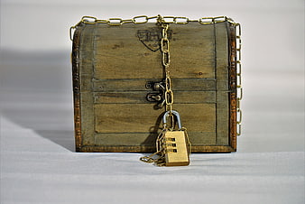 Vintage Wooden Treasure Chest with Brass Chain and Combination Lock
