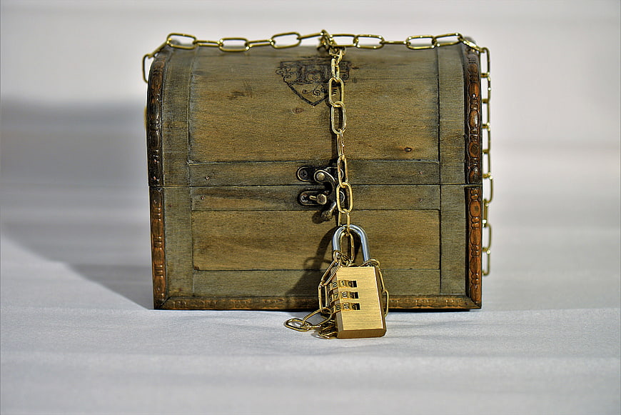 Vintage Wooden Treasure Chest with Brass Chain and Combination Lock