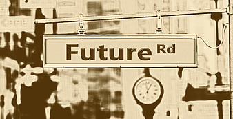 Future Road Street Sign Concept With Clock And Urban Background