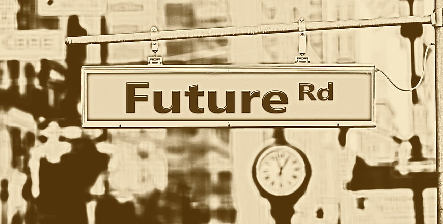 Future Road Street Sign Concept With Clock And Urban Background