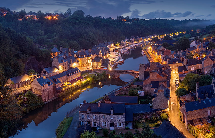 Aerial View of Historic French Village at Dusk