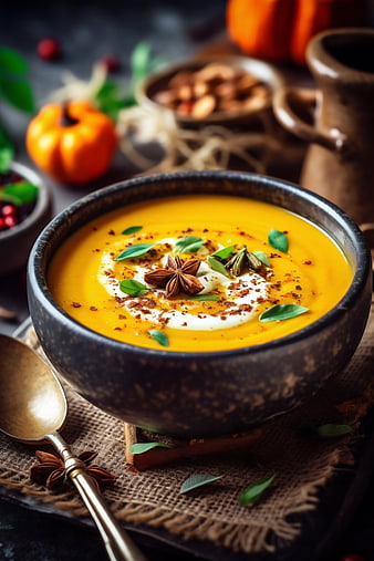 Creamy Pumpkin Soup with Spices and Cream in Rustic Bowl
