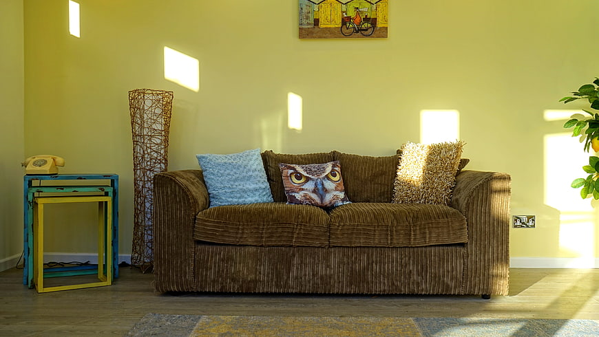 Modern Living Room with Brown Sofa and Sunlight