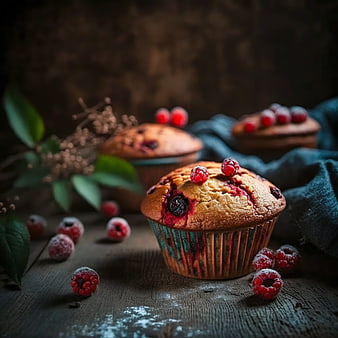 Freshly baked raspberry muffins on rustic wooden table