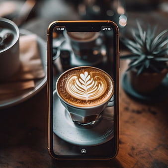 Smartphone displaying latte art coffee photo on wooden table