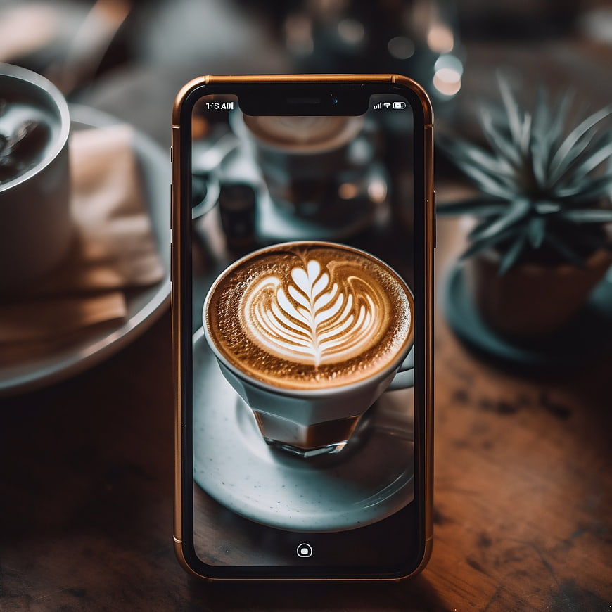 Smartphone displaying latte art coffee photo on wooden table