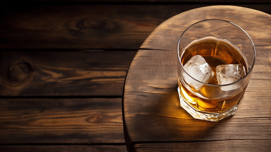 Glass of Whiskey with Ice on Rustic Wooden Table