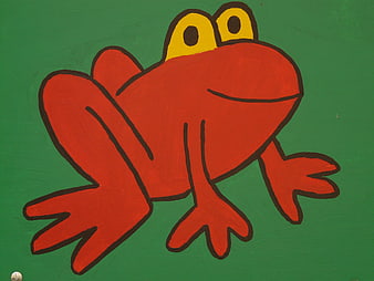 Hand-Painted Red Frog Illustration on Green Background