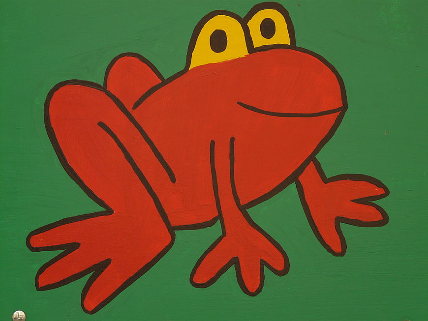 Hand-Painted Red Frog Illustration on Green Background