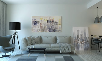 Modern Minimalist Living Room with White Sofa and Abstract Art