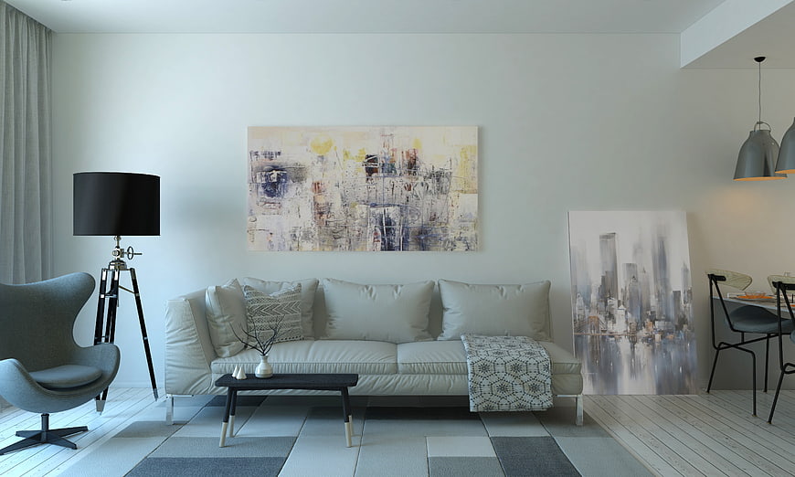Modern Minimalist Living Room with White Sofa and Abstract Art