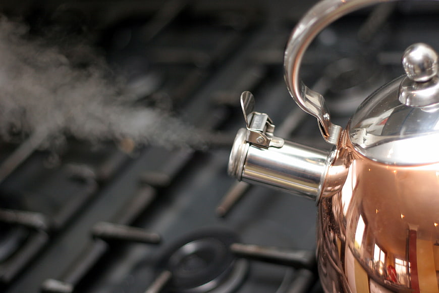 Copper Kettle Spout Boiling On Gas Stove