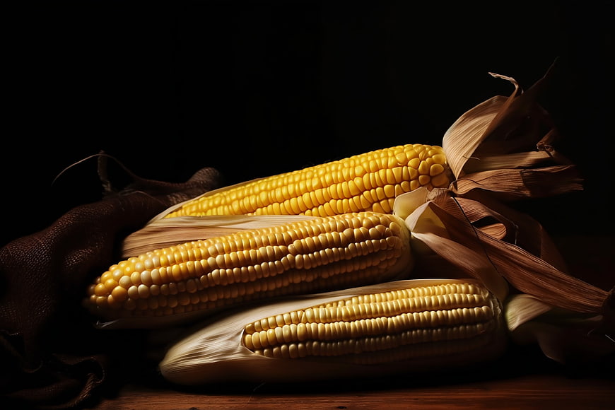 Artistic still life of fresh yellow corn cobs on dark background
