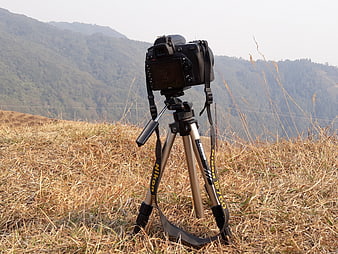 DSLR Camera on Tripod in Grassy Mountain Landscape
