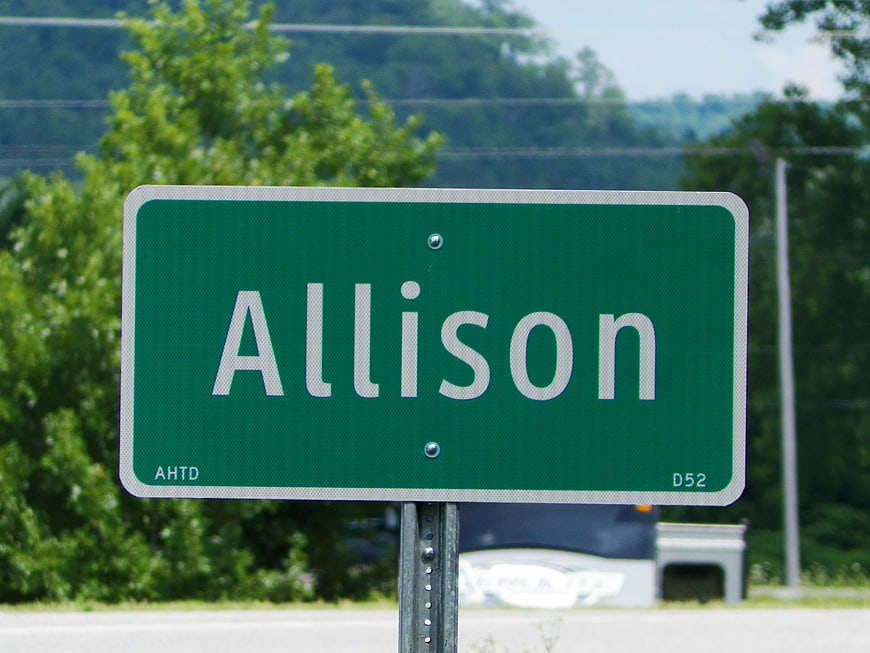 Green Allison Road Sign With Blurred Green Foliage Background