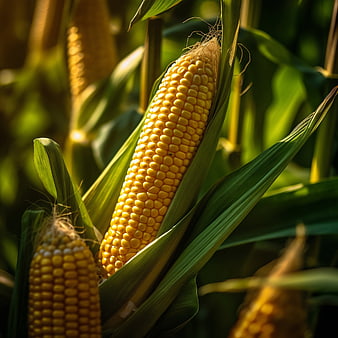 Close-Up of Fresh Yellow Corn on the Cob in a Field