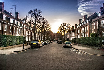 London residential street with parked cars at sunset