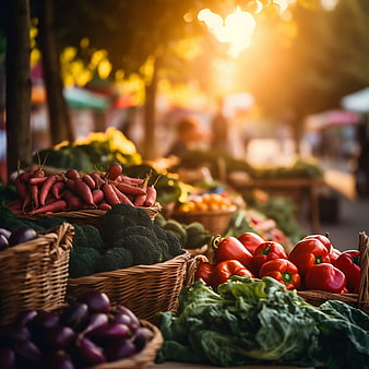 Fresh organic vegetables at a sunny farmers market stall