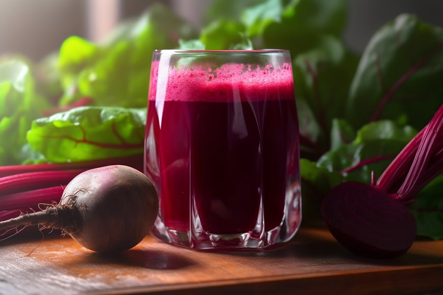 Fresh Beetroot Juice in Glass with Raw Vegetables