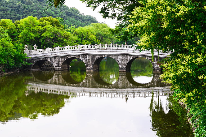 Traditional Stone Arch Bridge Over Calm River With Lush Green Reflections