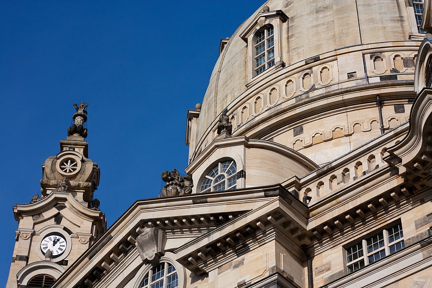 Dresden Frauenkirche Dome and Clock Tower Against Blue Sky