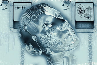Futuristic Cyborg Woman Face with Gears and Technology