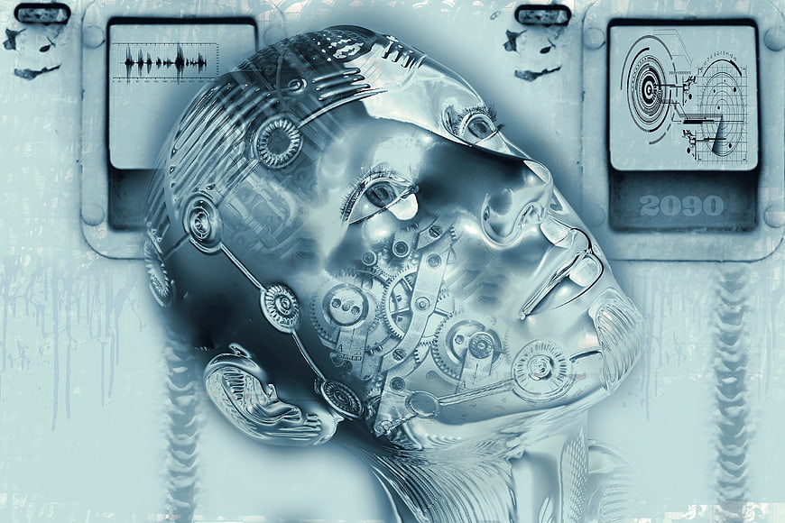 Futuristic Cyborg Woman Face with Gears and Technology