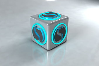 3D Rendered Silver Cube With Glowing Cyan S Logo