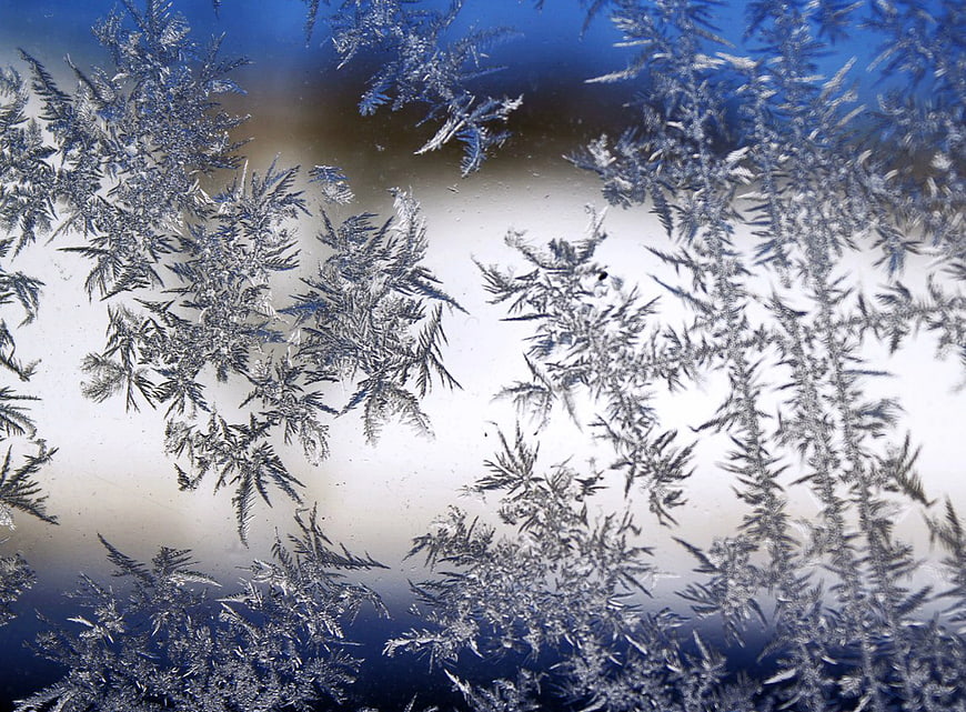 Intricate frost patterns on a window pane