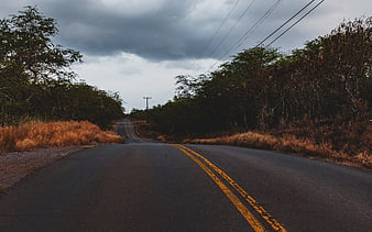 Empty asphalt road with yellow lines under cloudy sky