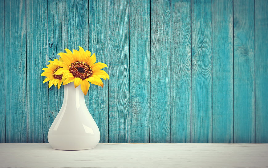 Sunflowers in White Vase on Blue Wooden Background