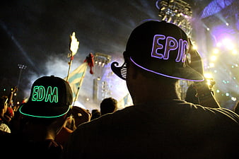 Crowd at Night Music Festival Wearing LED Hats