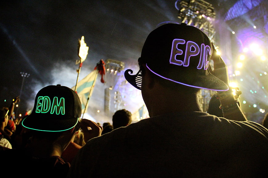 Crowd at Night Music Festival Wearing LED Hats