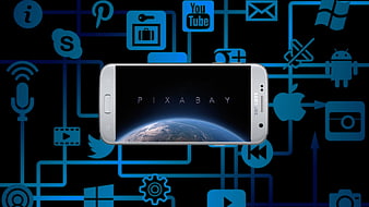 Samsung Smartphone Displaying Earth Against Blue Digital Network Icons